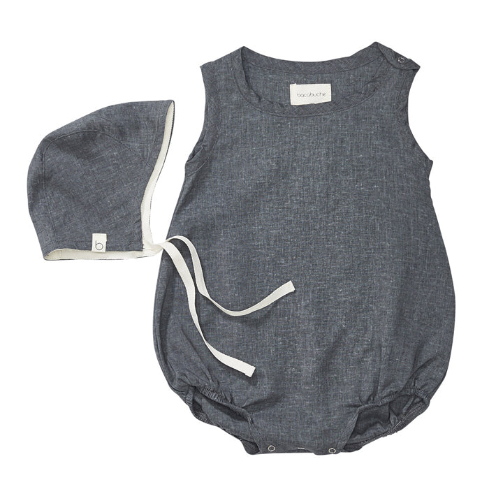 Matching grey newborn outfit with a bonnet and sleeveless romper with no legs.