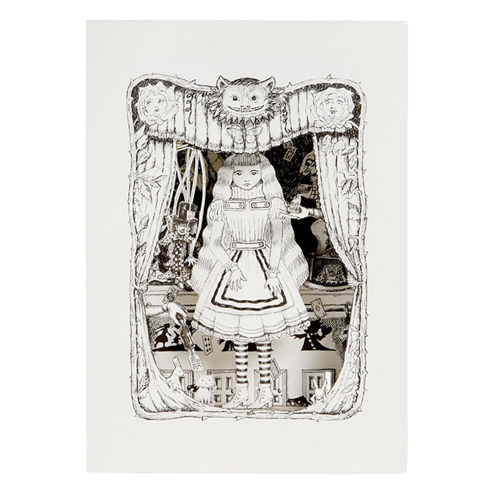 Illustrated Alice In Wonderland themed black and white paper diorama.