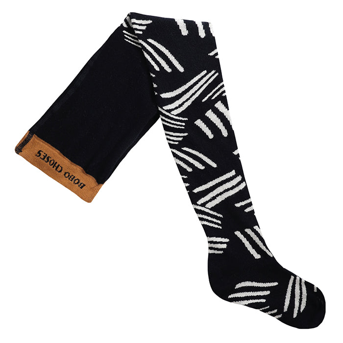 Black tights with a white knitted lines pattern.