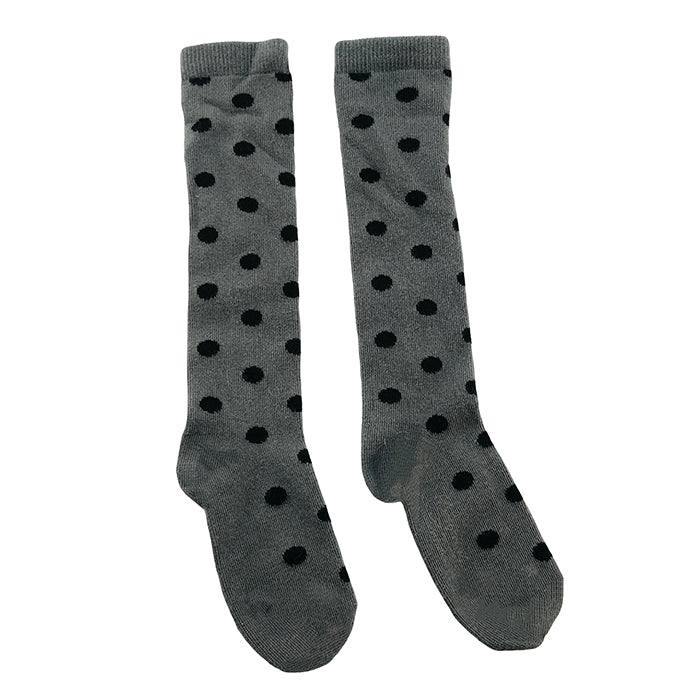 Grey socks with a black polka dot pattern.