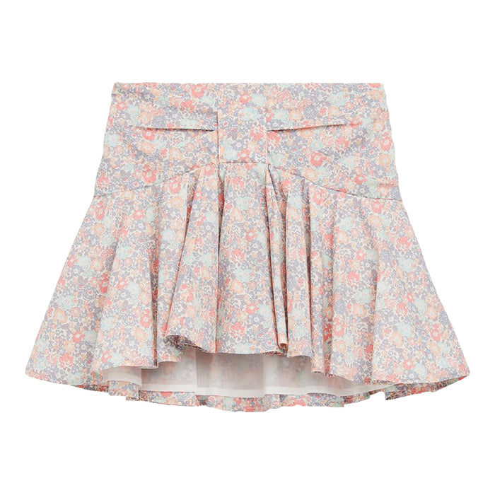 Full circle skirt with a bow style detail in pink and purple floral print.