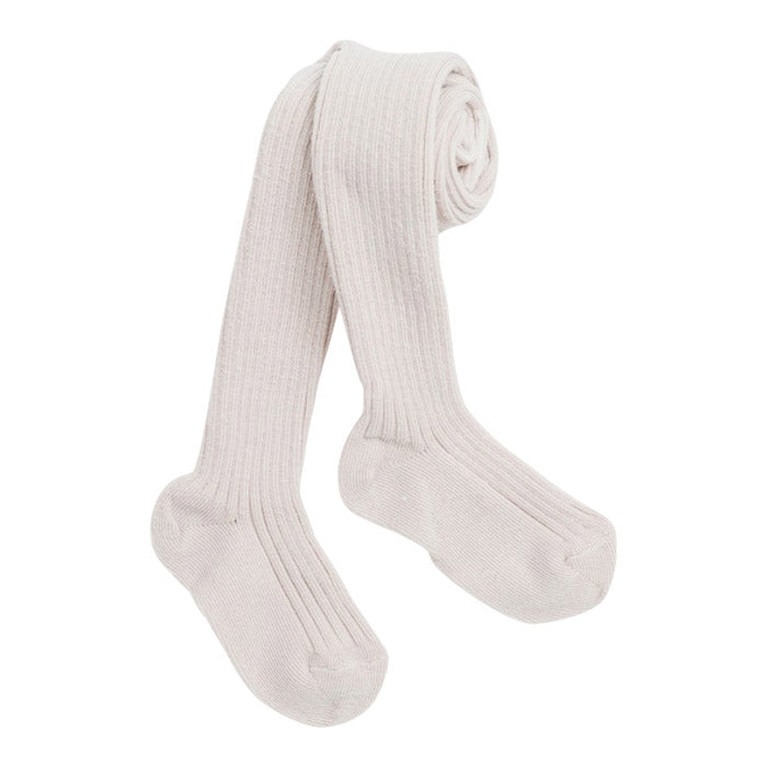 Pale pink ribbed knit tights.