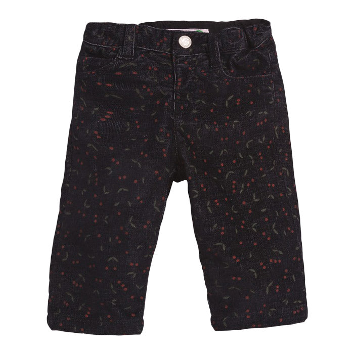 Black corduroy pants with an all over cherry print.