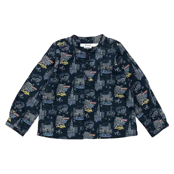 Long sleeved henley shirt in a navy blue New York city print.