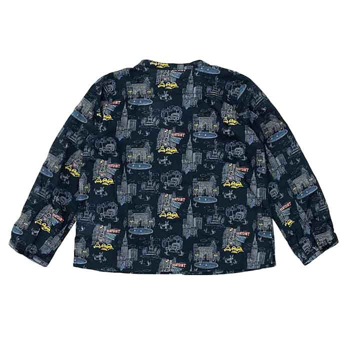 Long sleeved henley shirt in a navy blue New York city print from the back.