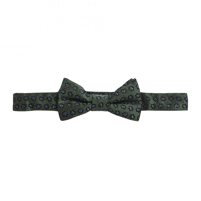 Green bow tie with a black and blue floral print.