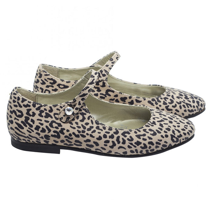 A pair of Mary Jane shoes in beige with a black cheetah print from the side.