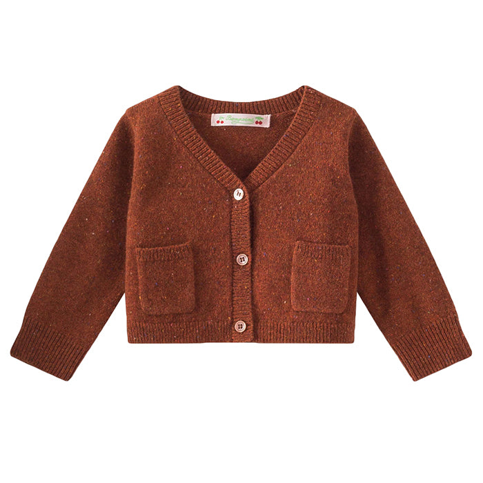 Brown long sleeved cardigan with patch pockets on the front.