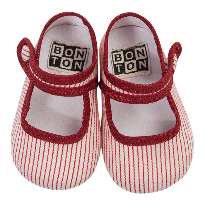 Bonton Baby Chaussons Layette Ray Rouge - Cotton Slippers Red Stripe