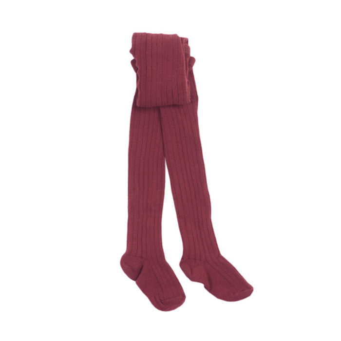 Dull red ribbed knit tights.