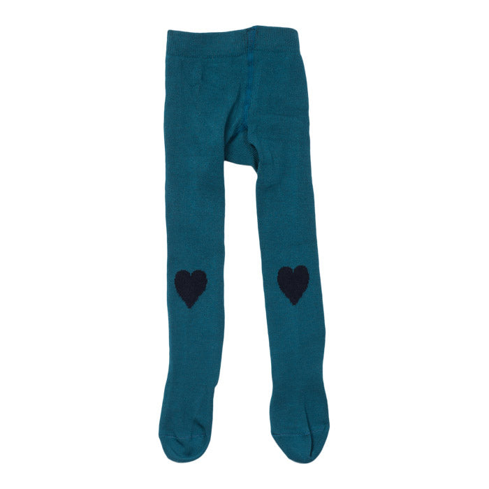 Green blue tights with a navy blue heart design on the knees.