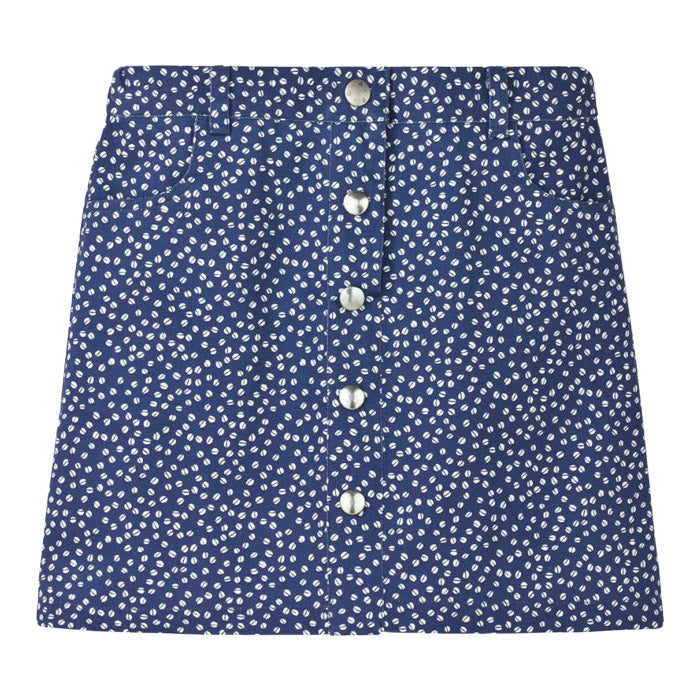 Blue denim skirt with a snap closure down the front with an all over white coffee bean print.