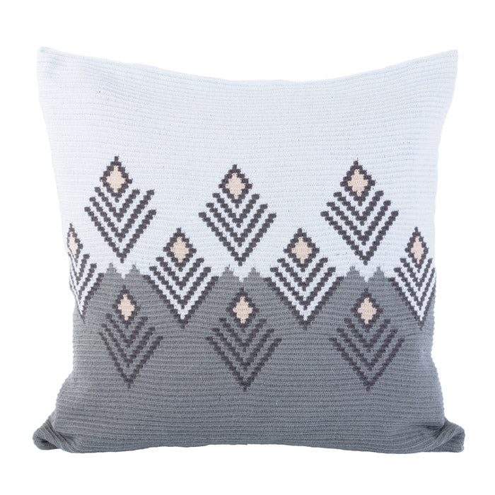Light blue and grey cushion with a woven geometric diamond pattern.
