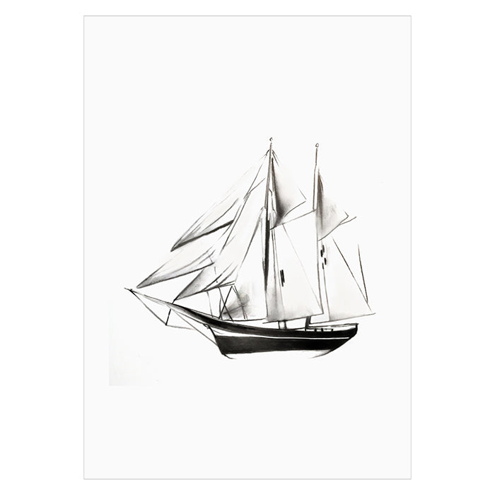 White card with a black and white illustration of a boat on the front.