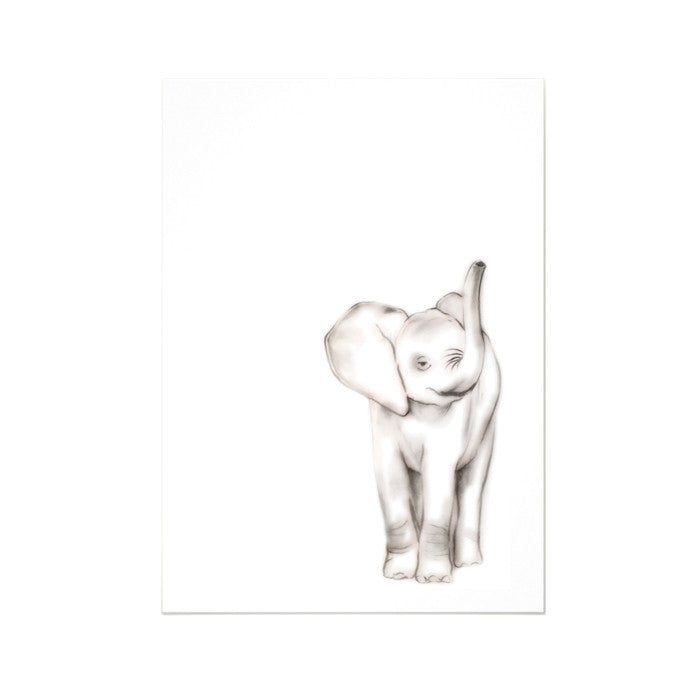 White card with a black and white illustration of a baby elephant on the front.