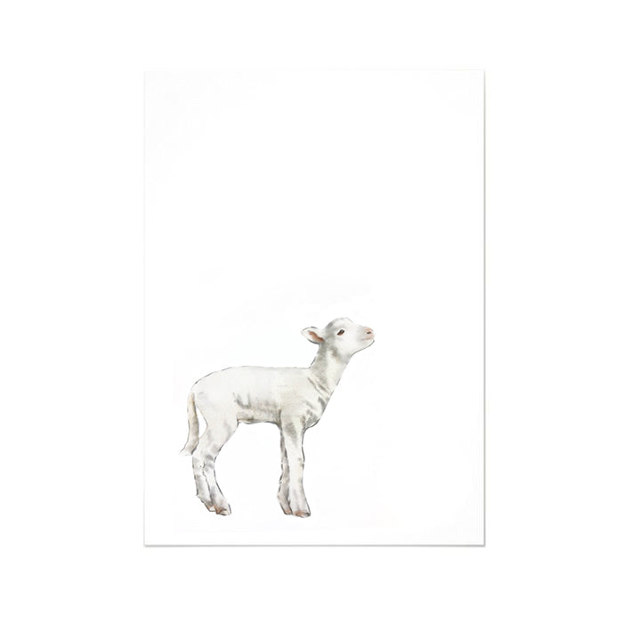 White card with a black and white illustration of a baby lamb on the front.