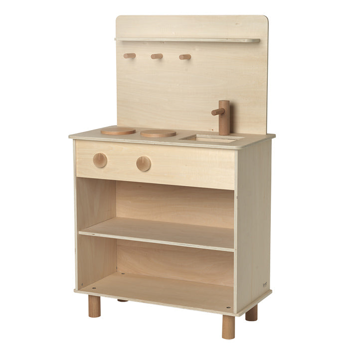 Wooden children's toy play kitchen from the side.