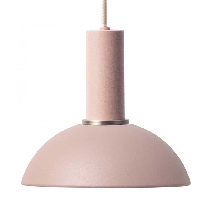 Pink powder coated metal lamp shade and pendant light.