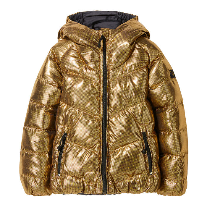 Gold down reversible puffer jacket with a hood.