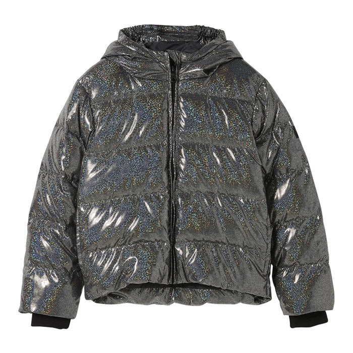 Black shiny iridescent down puffer jacket with a hood.