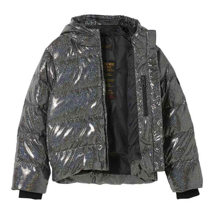 Black shiny iridescent down puffer jacket with a hood and open zipper.
