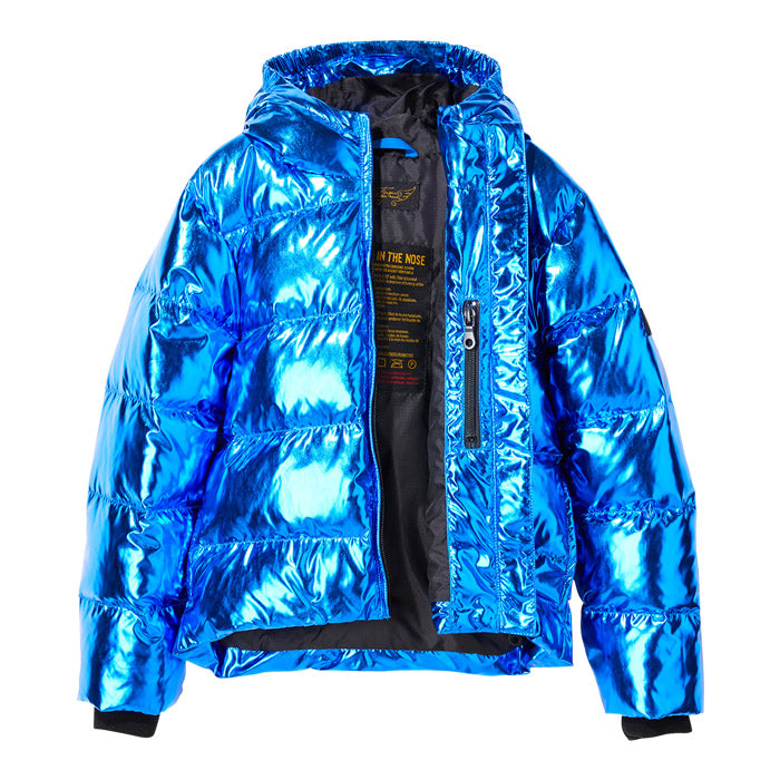 Blue shiny down puffer jacket with a hood and open zipper.