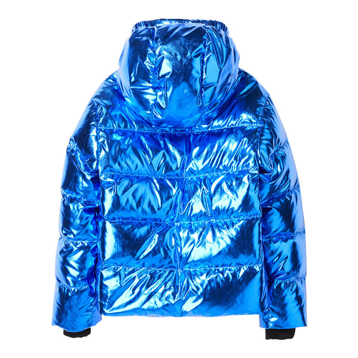 Blue shiny down puffer jacket with a hood from the back.