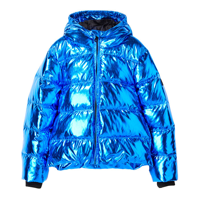 Blue shiny down puffer jacket with a hood.