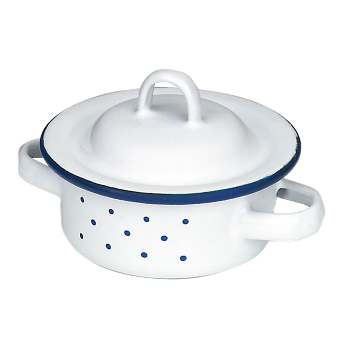 White enamel toy pot and lid with blue trim and polka dots.