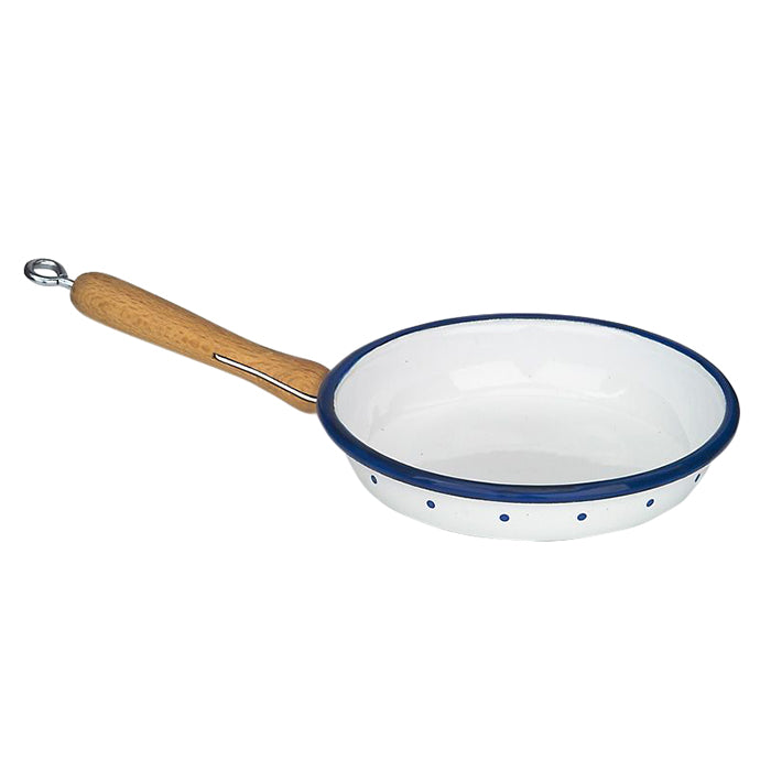 White enamel toy frying pan with a wooden handle and blue trim and polka dots.
