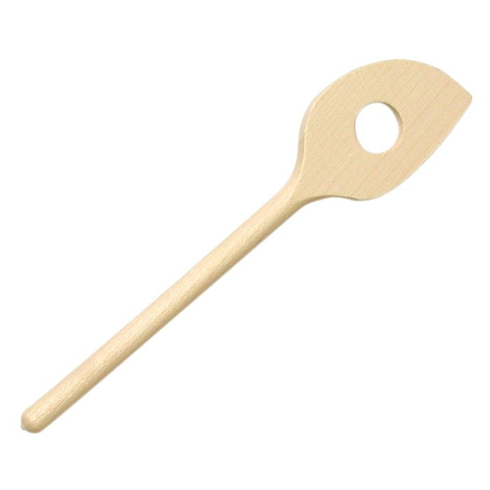 Wooden toy pointed spoon with a hole.