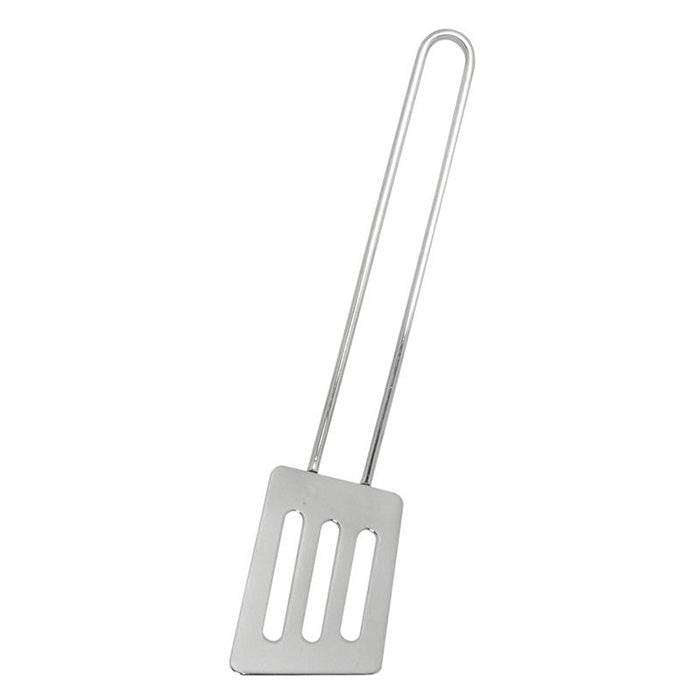 Silver metal toy slotted spatula.