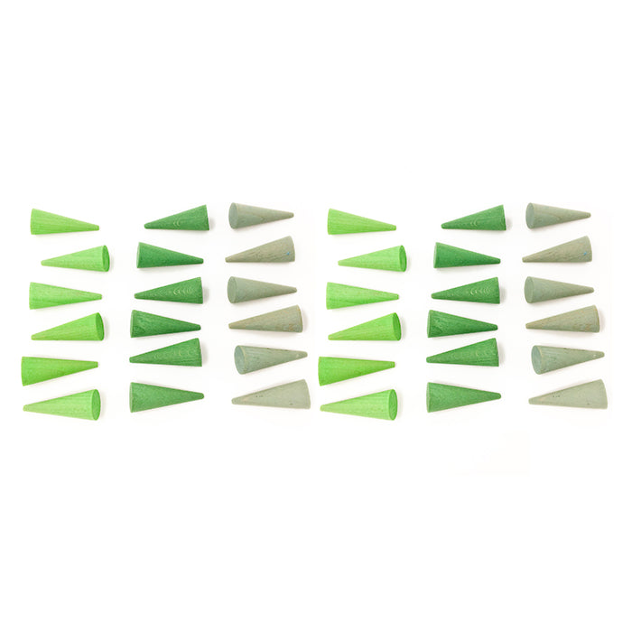 Wooden mini cone shaped pieces in various shades of green.