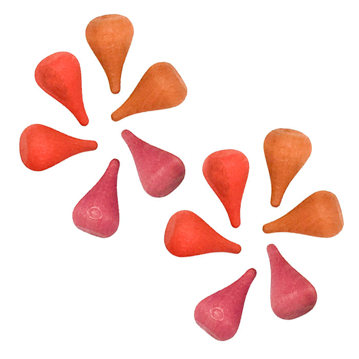 Wooden mini teardrop shaped pieces in various shades of red and orange.