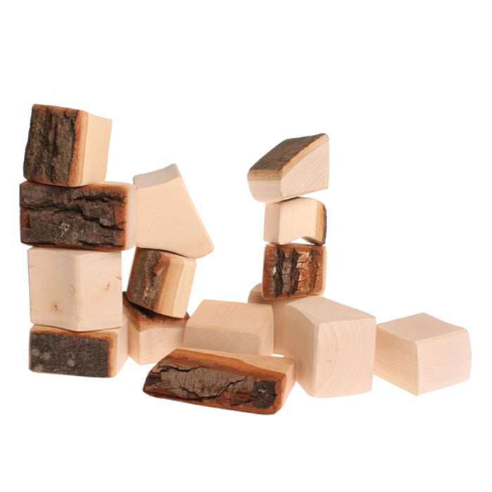 Wooden blocks with bark attached.
