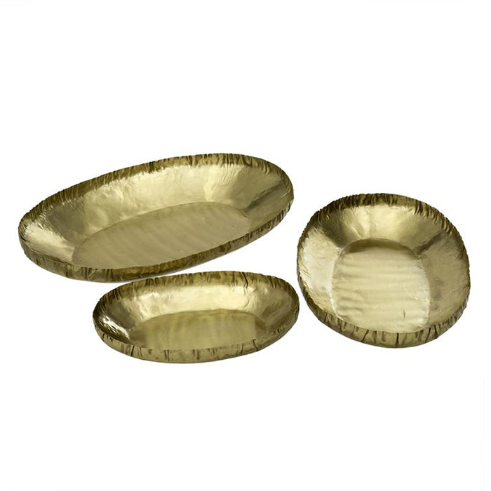 Gold coloured brass oval trays with crinkled edges in three colours.
