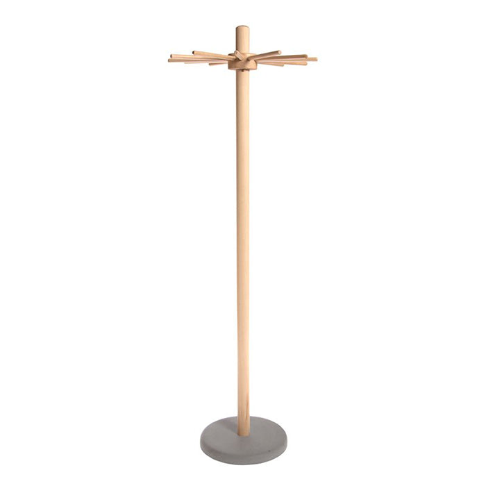 Wooden coat rack with a grey concrete base.