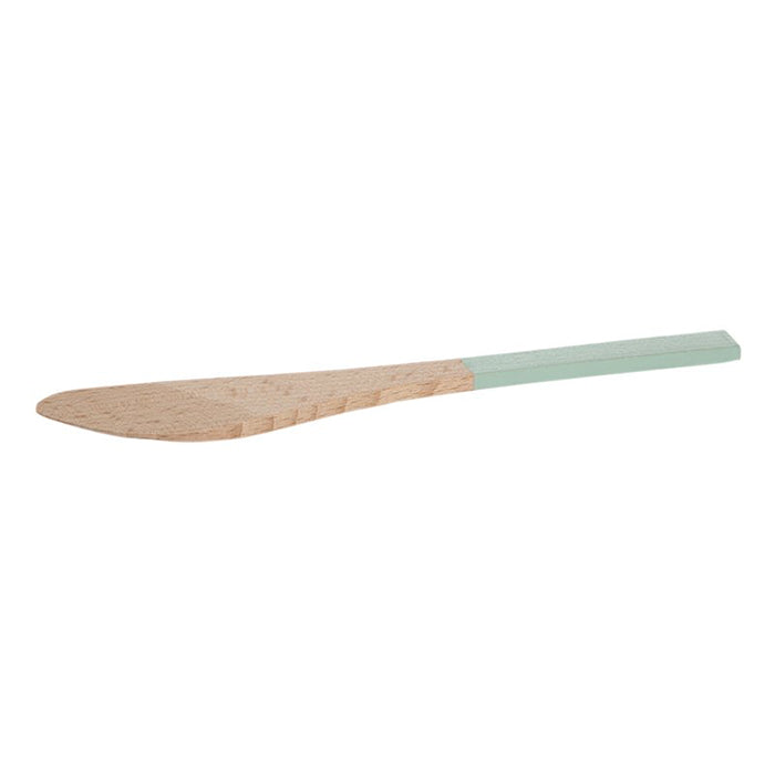 Wooden butter knife with a mint green painted handle.