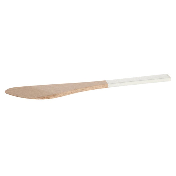 Wooden butter knife with a white painted handle.
