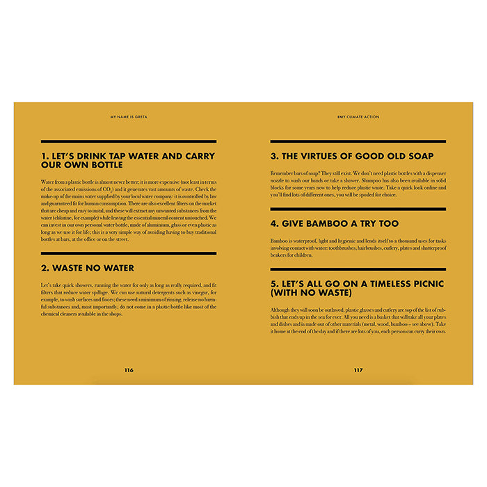 Inside of the book "We Are All Greta" teaching how to combat climate change.