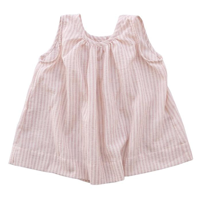 Sleeveless wide blouse with white and red thin stripes.