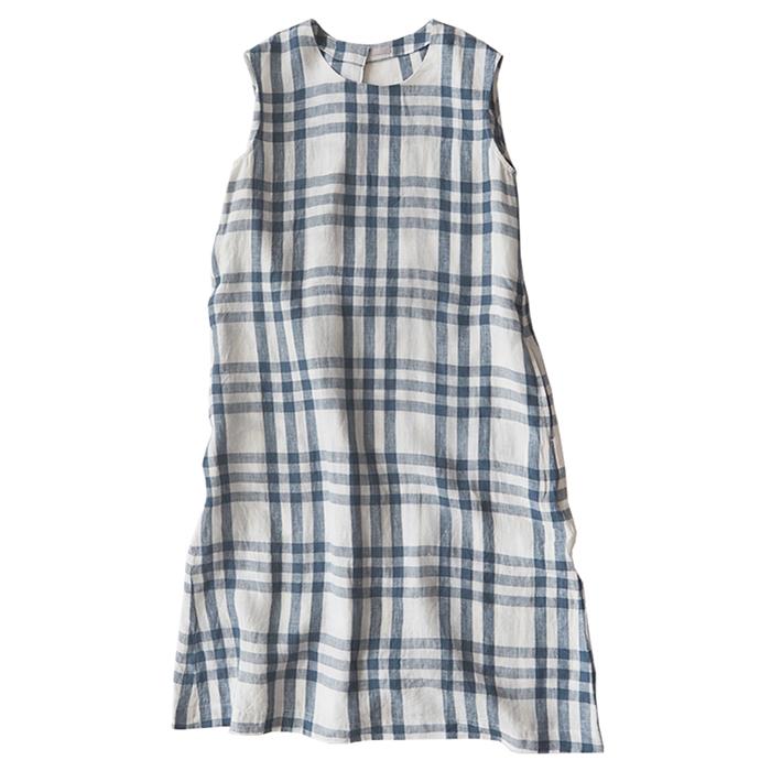 Sleeveless dress in off-white with a large blue check pattern.