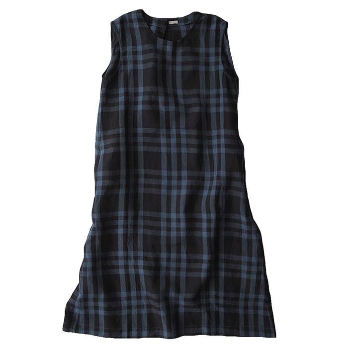 Sleeveless dress in navy blue with a large blue check pattern.