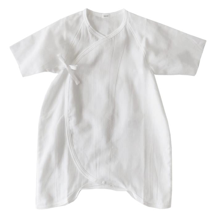 White cotton gauze kimono style wrap romper with long sleeves.