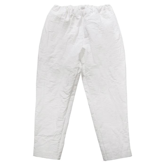 White pull on pants with tapered legs.