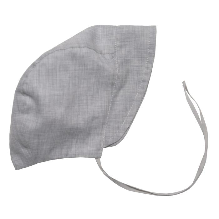 Grey cotton baby bonnet with ties under the chin.