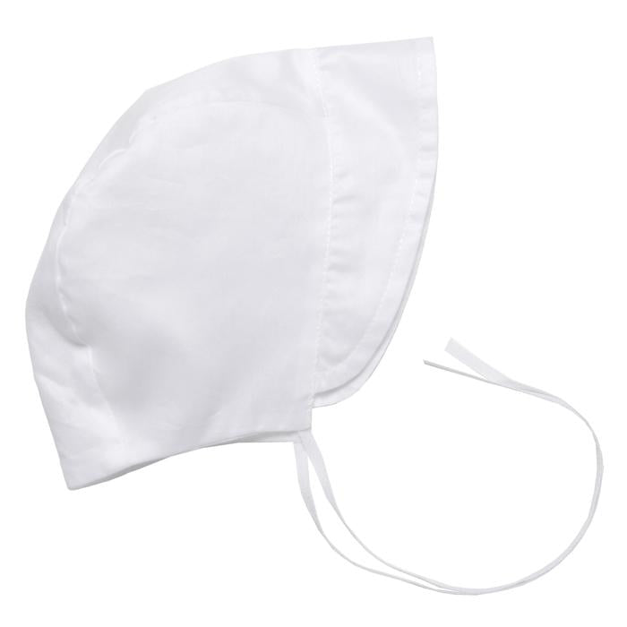 White cotton baby bonnet with ties under the chin.