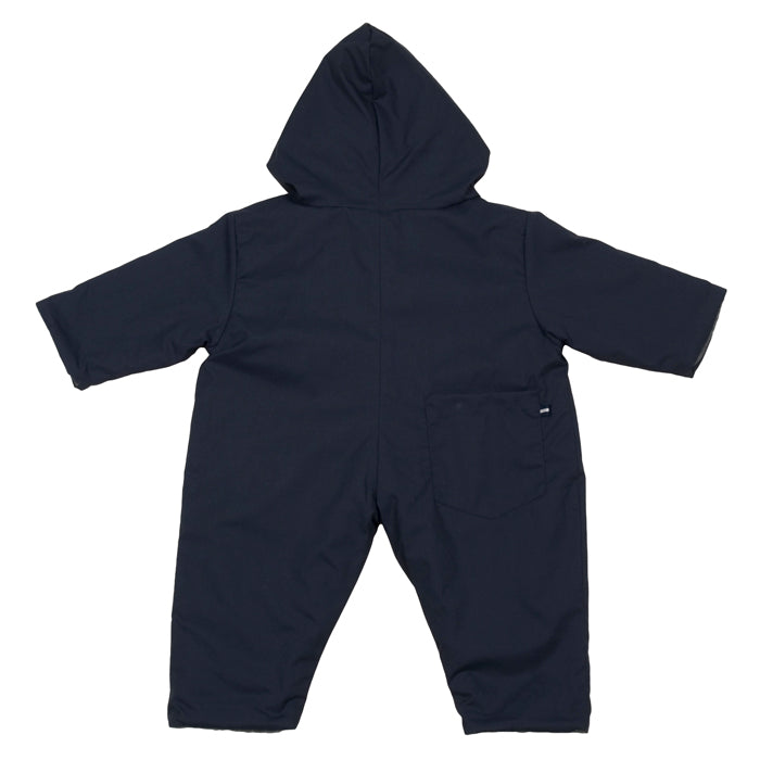 Navy blue snowsuit with a hood and grey fleece lining from the back.