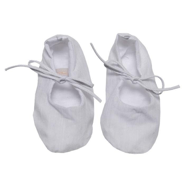 Cotton baby slippers with ties on the top of the foot in white with light grey stripes.