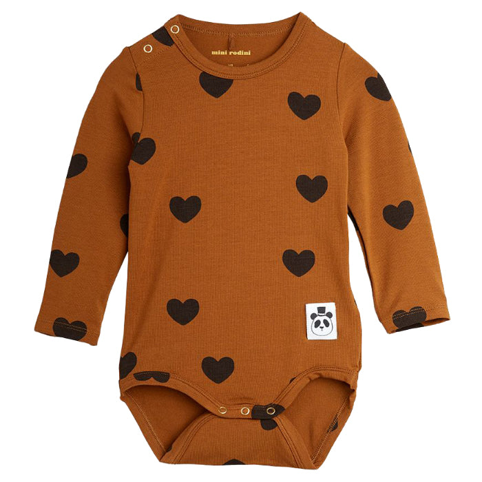 Mini Rodini Baby Basic Hearts Long Sleeved Bodysuit Brown